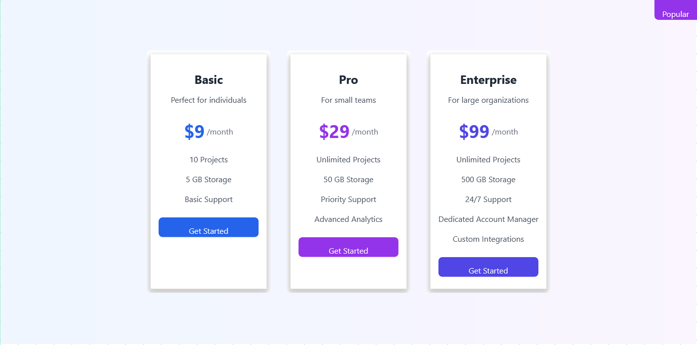 pricing table with cards